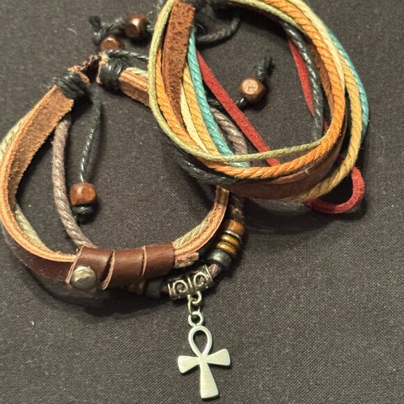 Jewelry - Vintage Corded Bracelet set Cross Brown Cream Blue